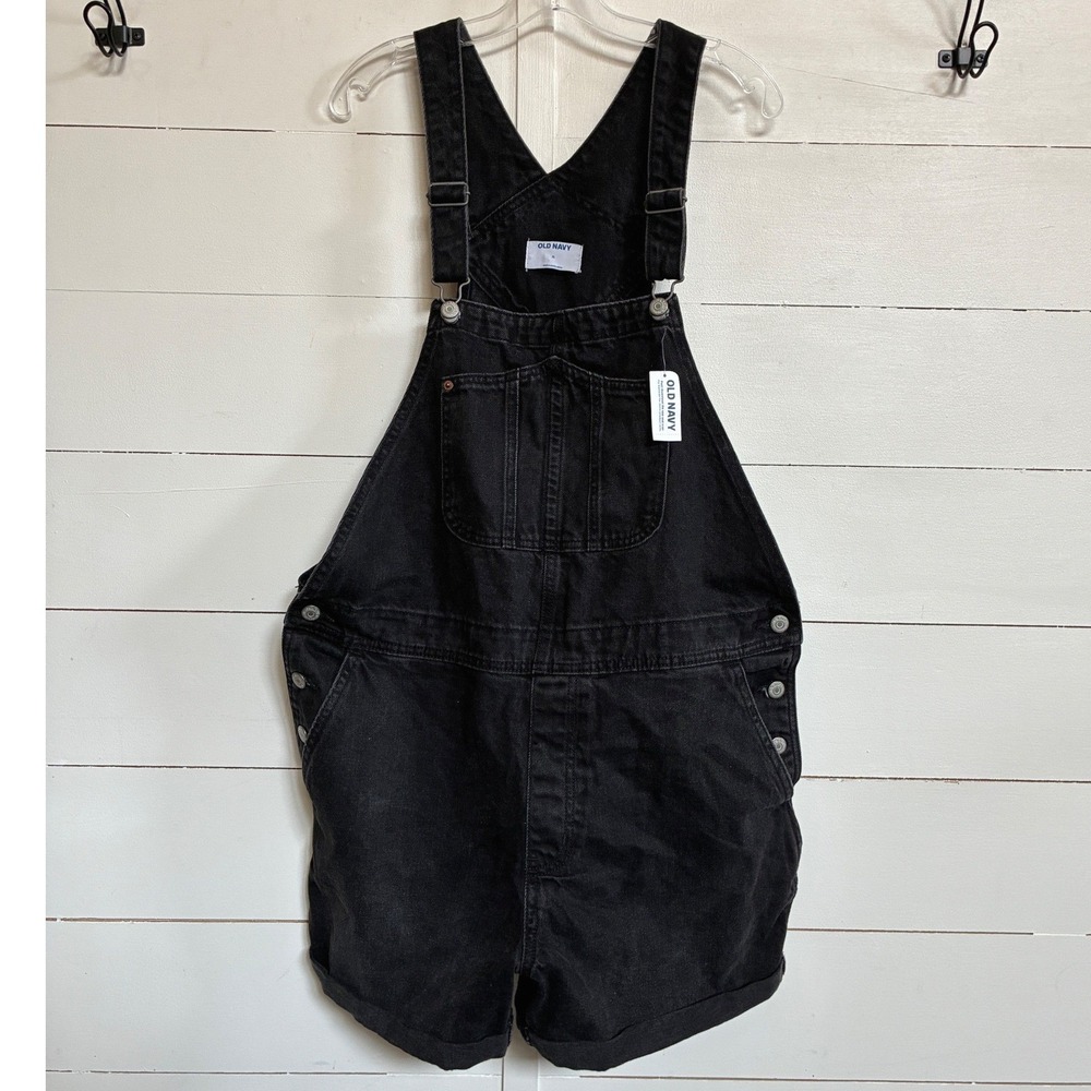 Old Navy Slouchy Straight Black Denim Shortalls Overalls Womens XL NWT 549515 - Picture 10 of 10